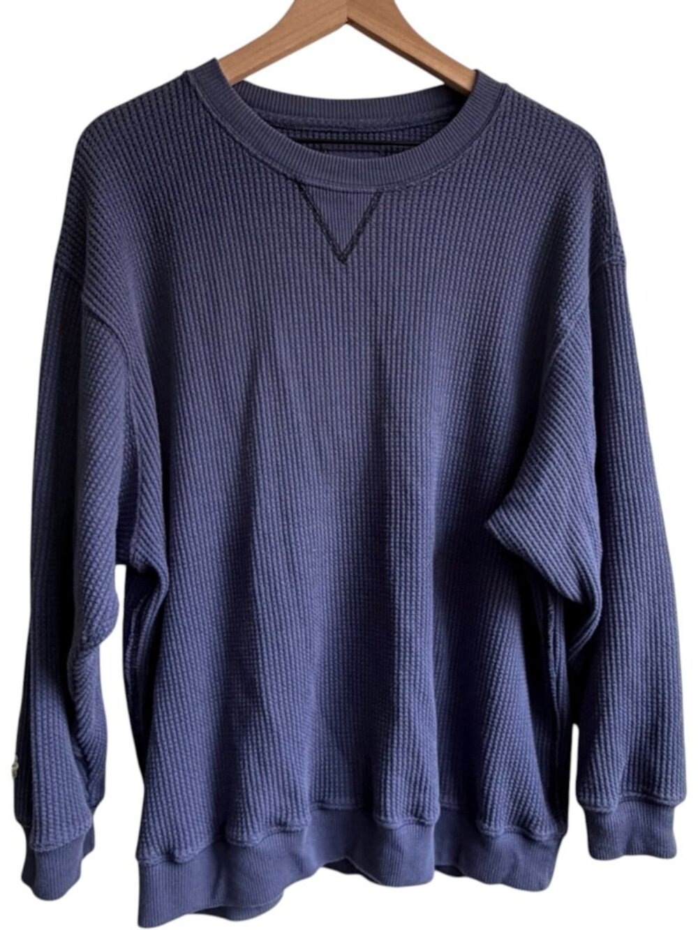 Aerie Crew Sweatshirt Women Large Blue Waffle Knit Crewneck Oversized